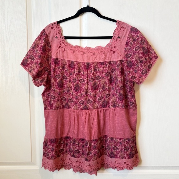 Lucky Brand Pink Floral Tiered Cap Sleeve Blouse Women's 2X Boho - Picture 4 of 9